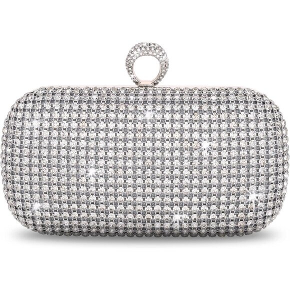 ⚡  Women\'s Rhinestone Evening Glitter Crystal Ring Clasp Silver Clutch Bag